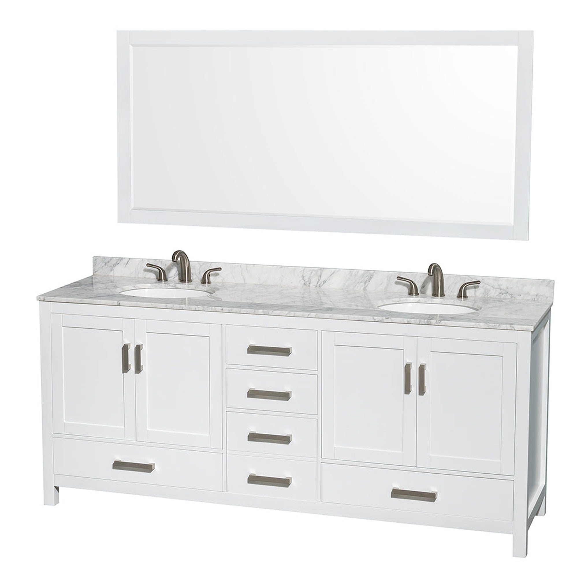 Wyndham Collection Sheffield 80" Double Bathroom Vanity in White, White Carrara Marble Countertop, Undermount Oval Sinks, and 70" Mirror