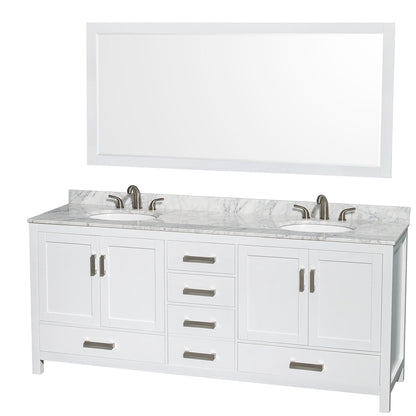 Wyndham Collection Sheffield 80" Double Bathroom Vanity in White, White Carrara Marble Countertop, Undermount Oval Sinks, and 70" Mirror