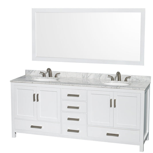 Wyndham Collection Sheffield 80" Double Bathroom Vanity in White, White Carrara Marble Countertop, Undermount Oval Sinks, and 70" Mirror