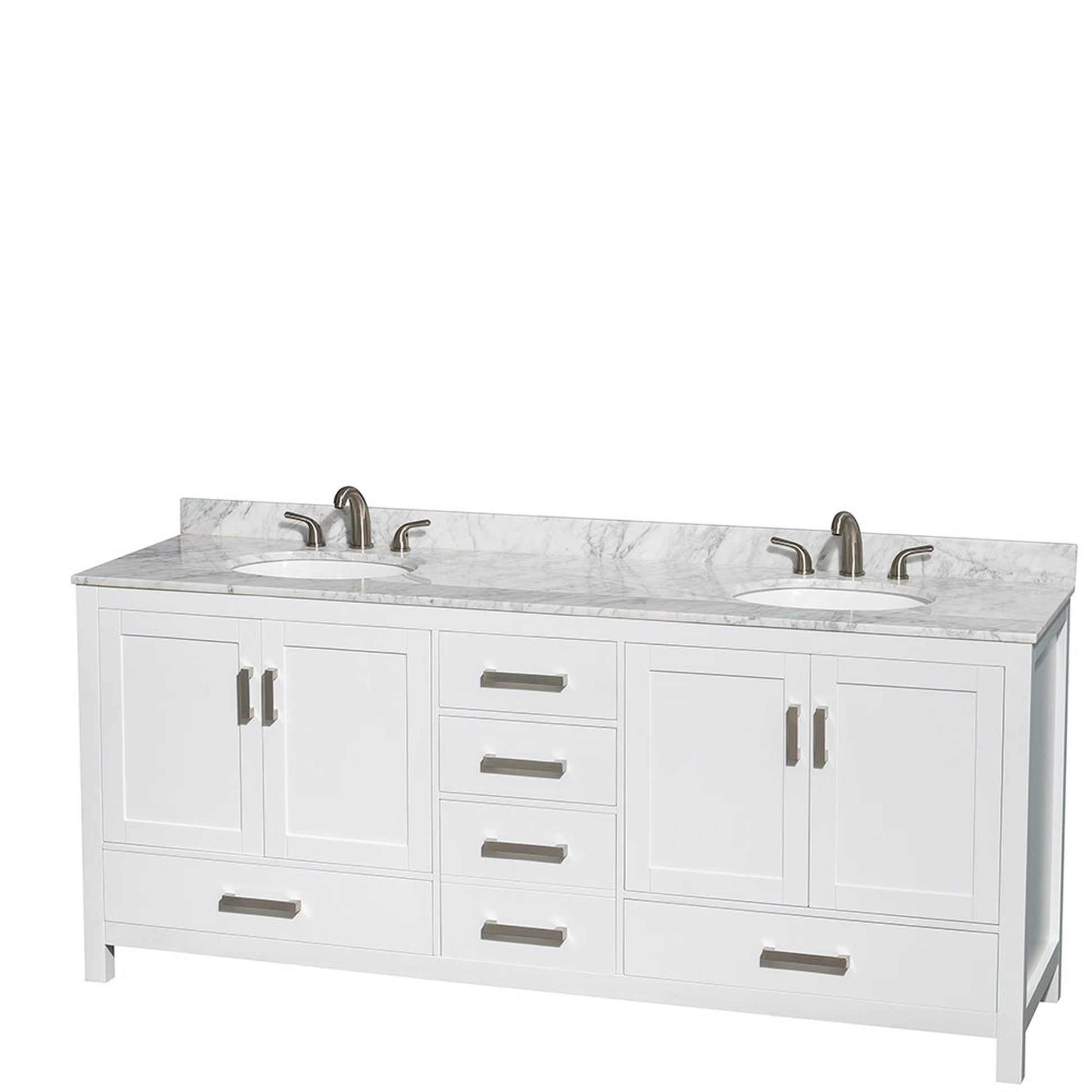 Wyndham Collection Sheffield 80" Double Bathroom Vanity in White, White Carrara Marble Countertop, Undermount Oval Sinks, and Medicine Cabinet