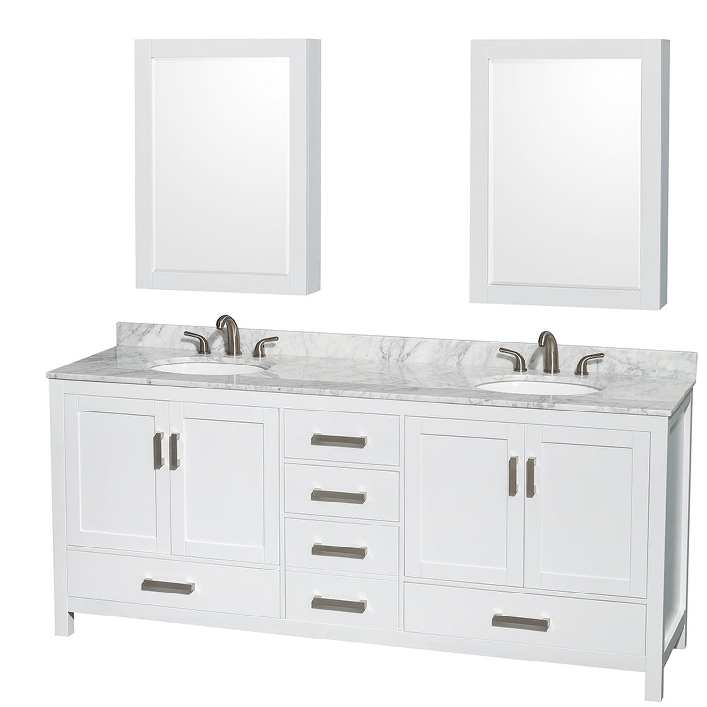 Wyndham Collection Sheffield 80" Double Bathroom Vanity in White, White Carrara Marble Countertop, Undermount Oval Sinks, and Medicine Cabinet