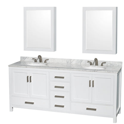 Wyndham Collection Sheffield 80" Double Bathroom Vanity in White, White Carrara Marble Countertop, Undermount Oval Sinks, and Medicine Cabinet
