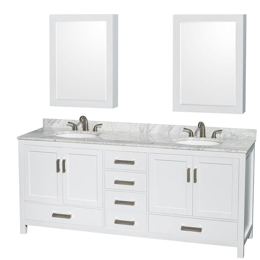 Wyndham Collection Sheffield 80" Double Bathroom Vanity in White, White Carrara Marble Countertop, Undermount Oval Sinks, and Medicine Cabinet