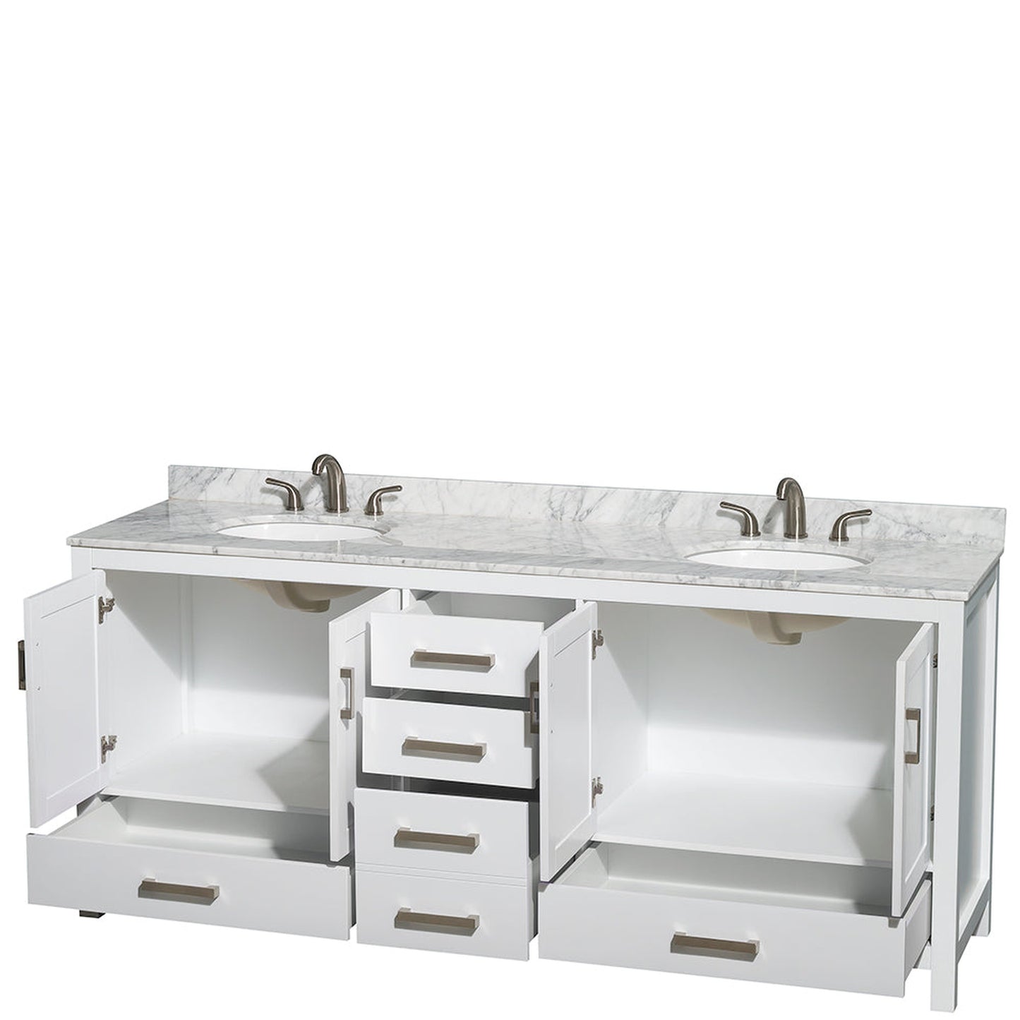 Wyndham Collection Sheffield 80" Double Bathroom Vanity in White, White Carrara Marble Countertop, Undermount Oval Sinks, and No Mirror