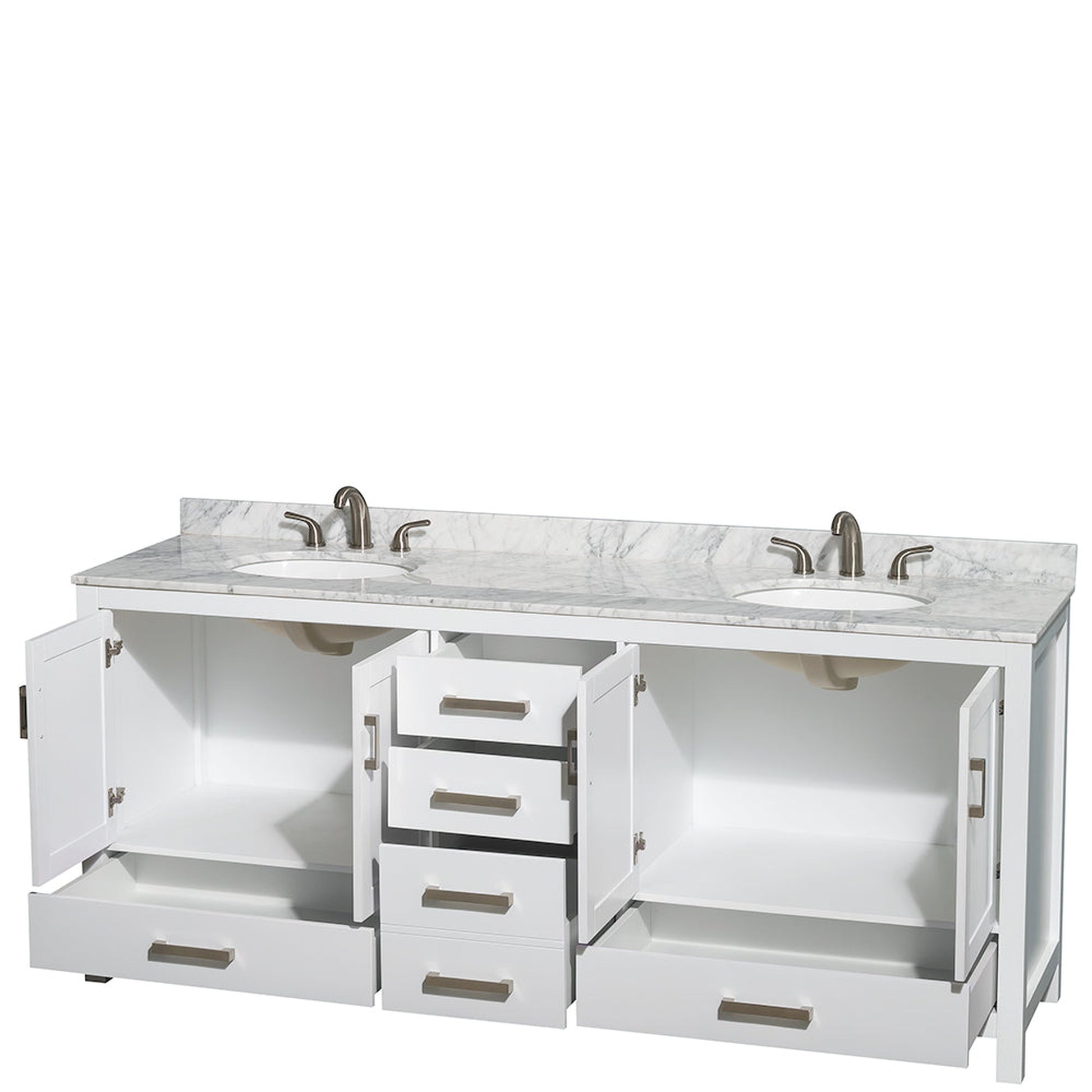 Wyndham Collection Sheffield 80" Double Bathroom Vanity in White, White Carrara Marble Countertop, Undermount Oval Sinks, and No Mirror