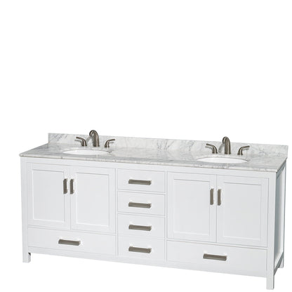 Wyndham Collection Sheffield 80" Double Bathroom Vanity in White, White Carrara Marble Countertop, Undermount Oval Sinks, and No Mirror