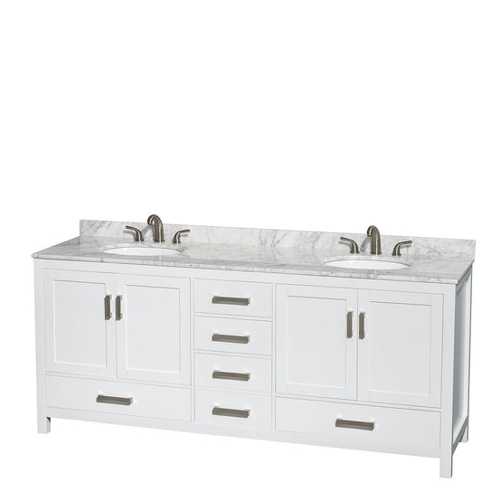 Wyndham Collection Sheffield 80" Double Bathroom Vanity in White, White Carrara Marble Countertop, Undermount Oval Sinks, and No Mirror