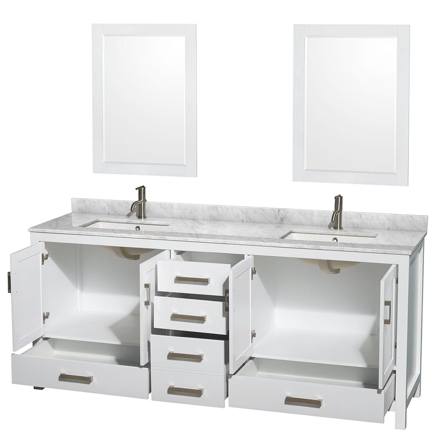 Wyndham Collection Sheffield 80" Double Bathroom Vanity in White, White Carrara Marble Countertop, Undermount Square Sinks, and 24" Mirror