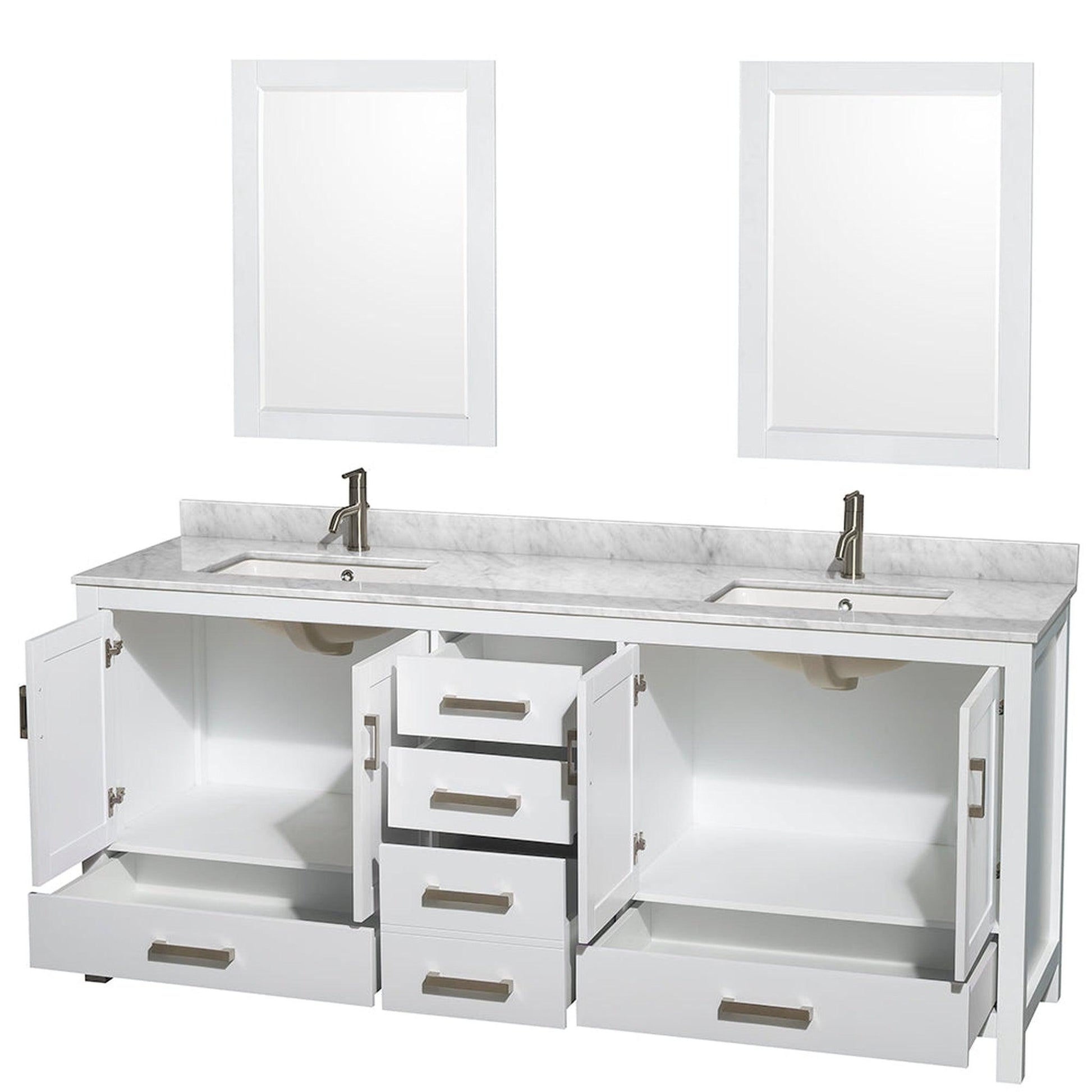 Wyndham Collection Sheffield 80" Double Bathroom Vanity in White, White Carrara Marble Countertop, Undermount Square Sinks, and 24" Mirror