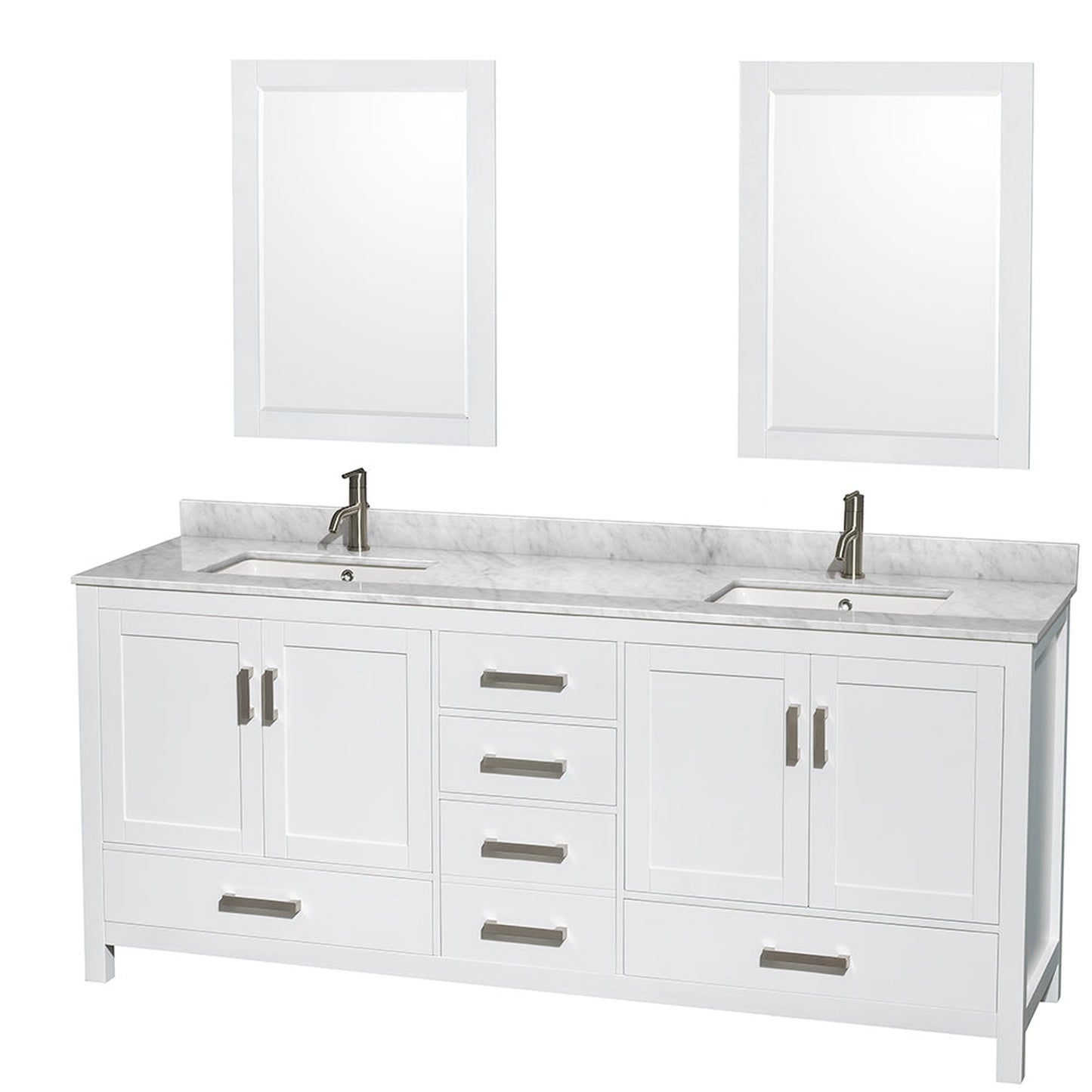 Wyndham Collection Sheffield 80" Double Bathroom Vanity in White, White Carrara Marble Countertop, Undermount Square Sinks, and 24" Mirror