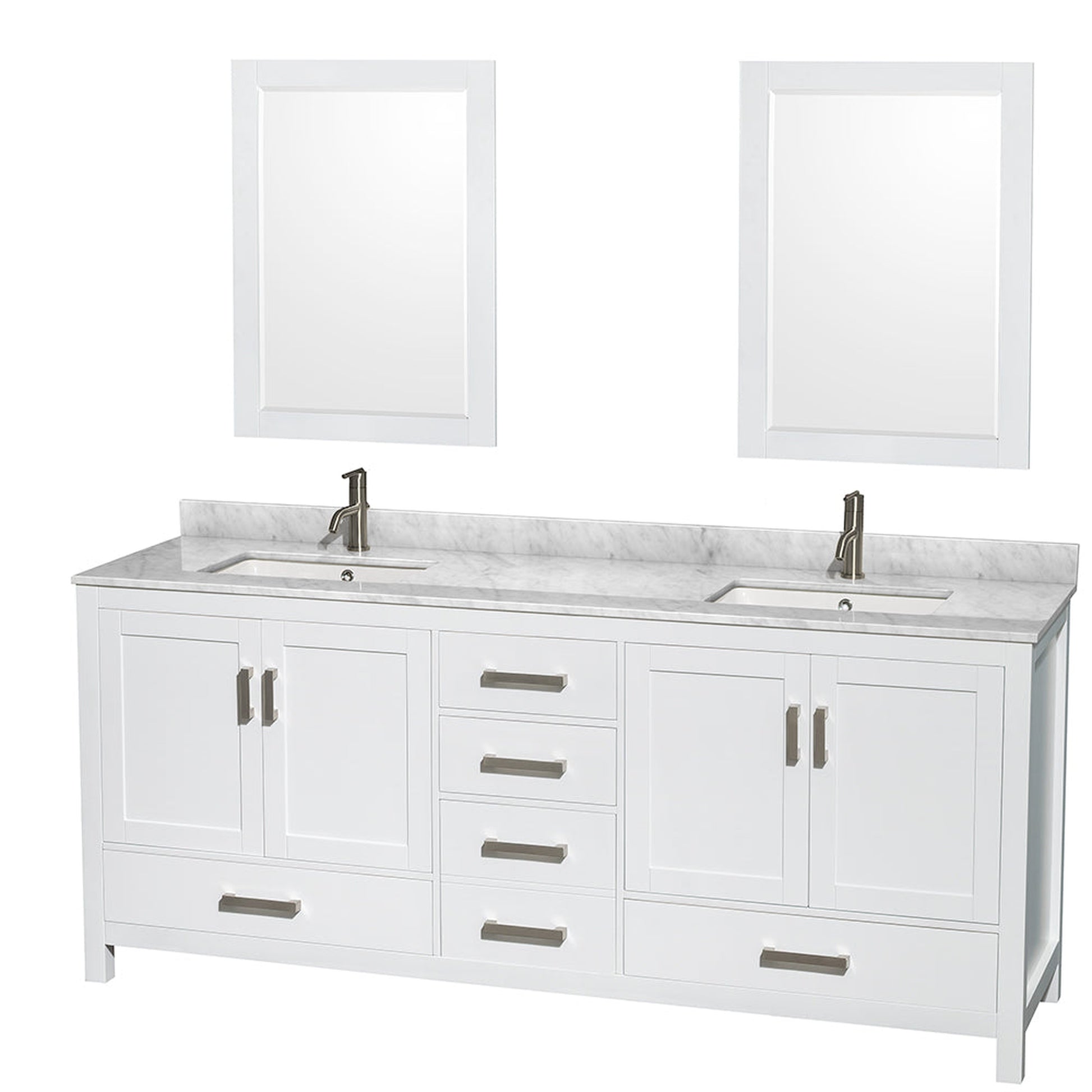 Wyndham Collection Sheffield 80" Double Bathroom Vanity in White, White Carrara Marble Countertop, Undermount Square Sinks, and 24" Mirror