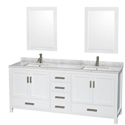 Wyndham Collection Sheffield 80" Double Bathroom Vanity in White, White Carrara Marble Countertop, Undermount Square Sinks, and 24" Mirror