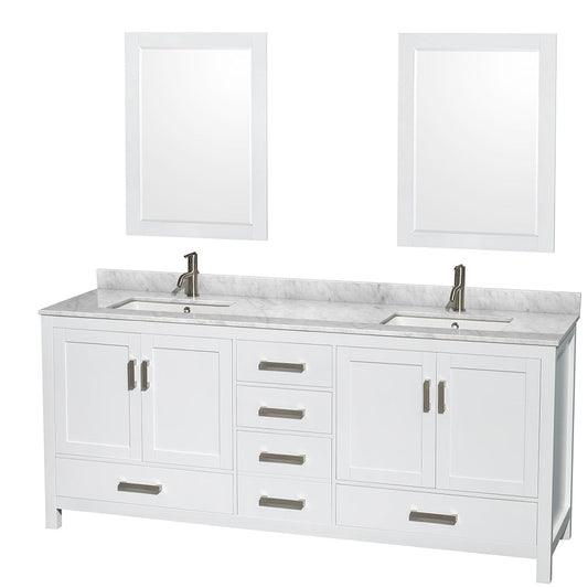 Wyndham Collection Sheffield 80" Double Bathroom Vanity in White, White Carrara Marble Countertop, Undermount Square Sinks, and 24" Mirror