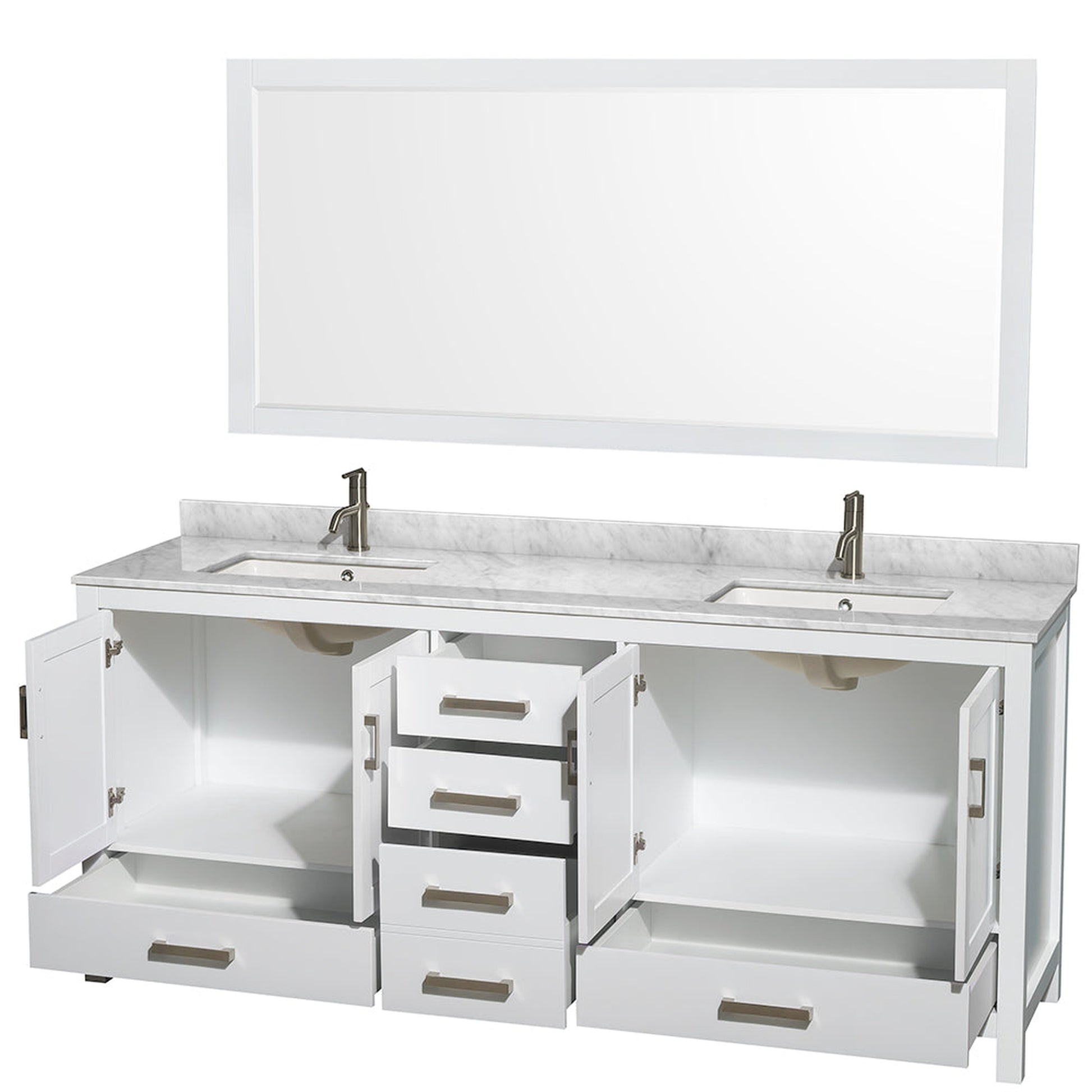 Wyndham Collection Sheffield 80" Double Bathroom Vanity in White, White Carrara Marble Countertop, Undermount Square Sinks, and 70" Mirror