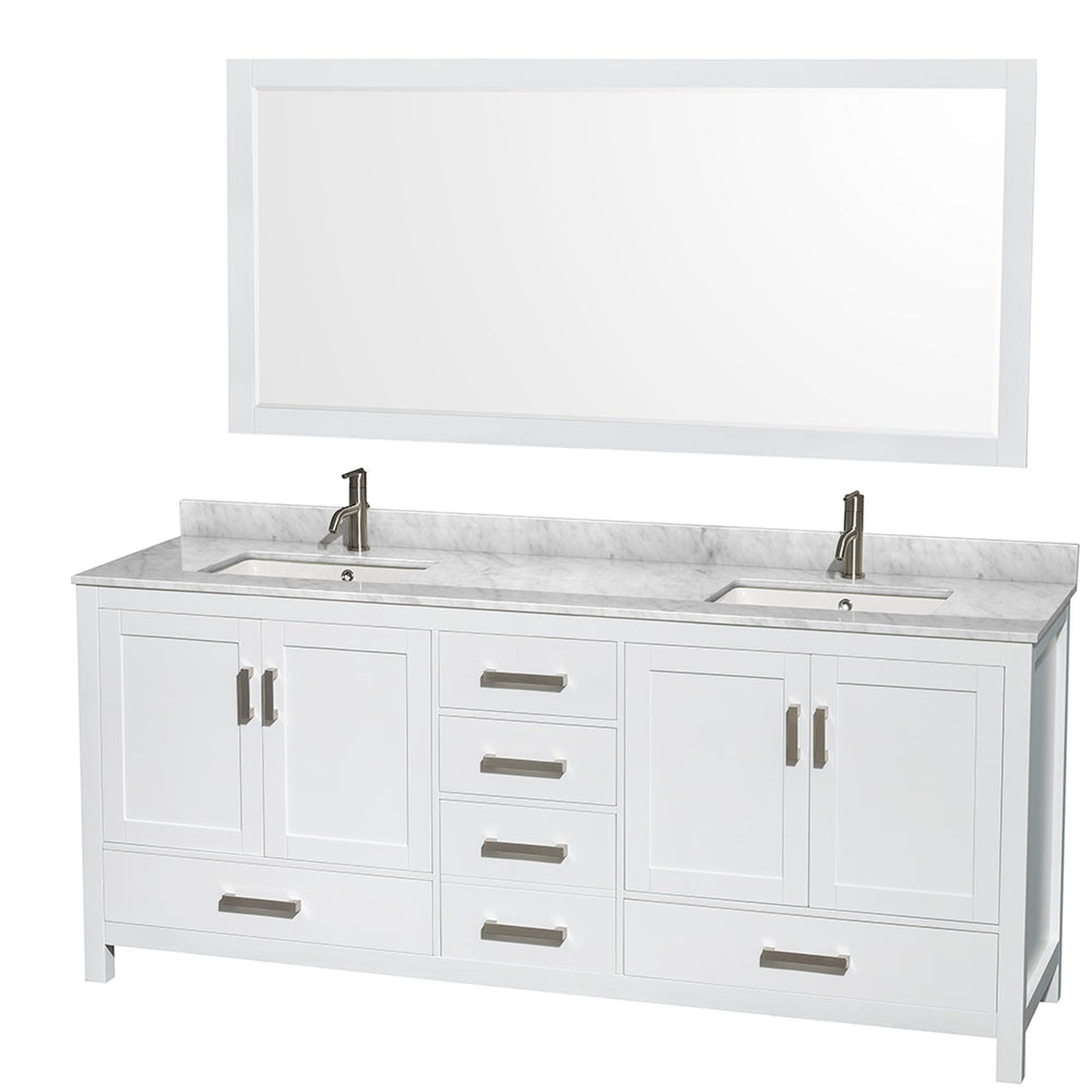 Wyndham Collection Sheffield 80" Double Bathroom Vanity in White, White Carrara Marble Countertop, Undermount Square Sinks, and 70" Mirror