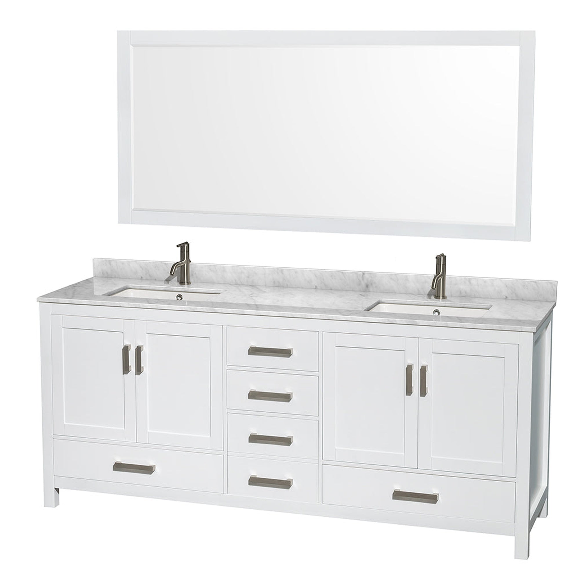 Wyndham Collection Sheffield 80" Double Bathroom Vanity in White, White Carrara Marble Countertop, Undermount Square Sinks, and 70" Mirror