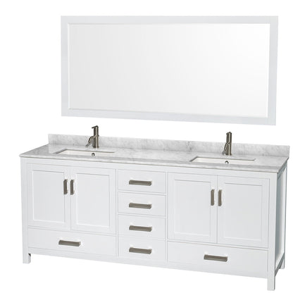 Wyndham Collection Sheffield 80" Double Bathroom Vanity in White, White Carrara Marble Countertop, Undermount Square Sinks, and 70" Mirror