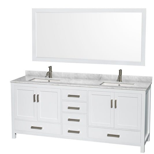 Wyndham Collection Sheffield 80" Double Bathroom Vanity in White, White Carrara Marble Countertop, Undermount Square Sinks, and 70" Mirror