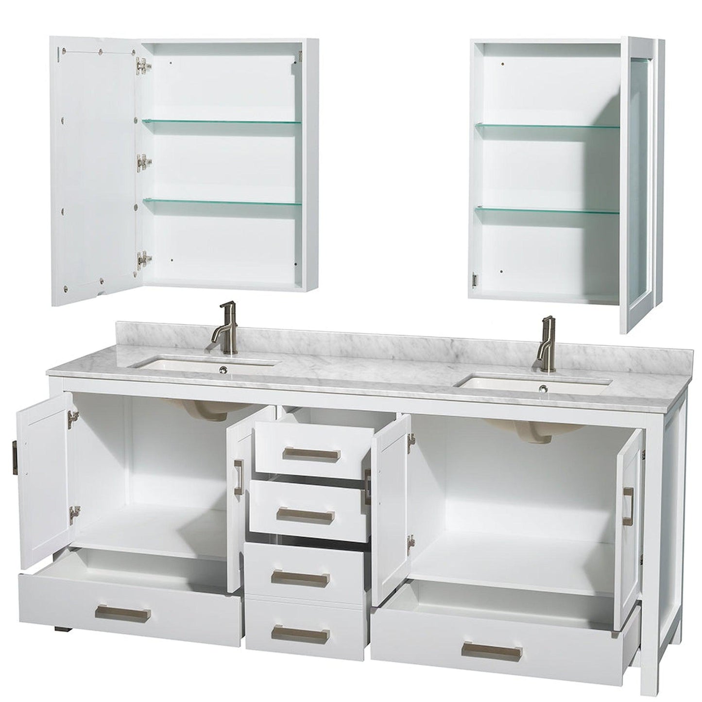 Wyndham Collection Sheffield 80" Double Bathroom Vanity in White, White Carrara Marble Countertop, Undermount Square Sinks, and Medicine Cabinet