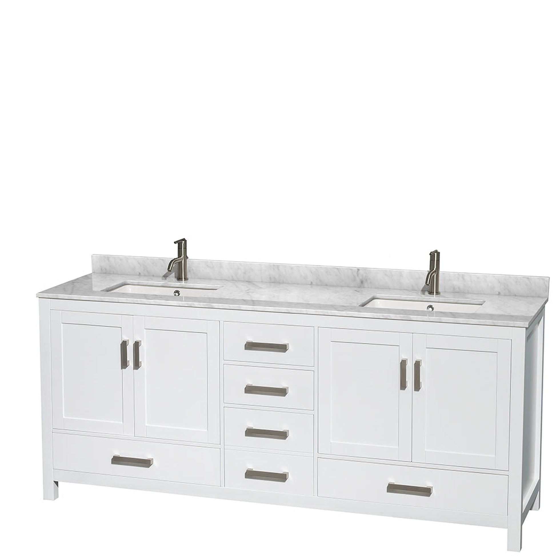 Wyndham Collection Sheffield 80" Double Bathroom Vanity in White, White Carrara Marble Countertop, Undermount Square Sinks, and Medicine Cabinet