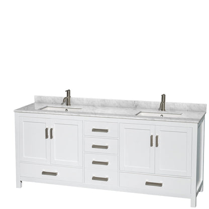 Wyndham Collection Sheffield 80" Double Bathroom Vanity in White, White Carrara Marble Countertop, Undermount Square Sinks, and Medicine Cabinet