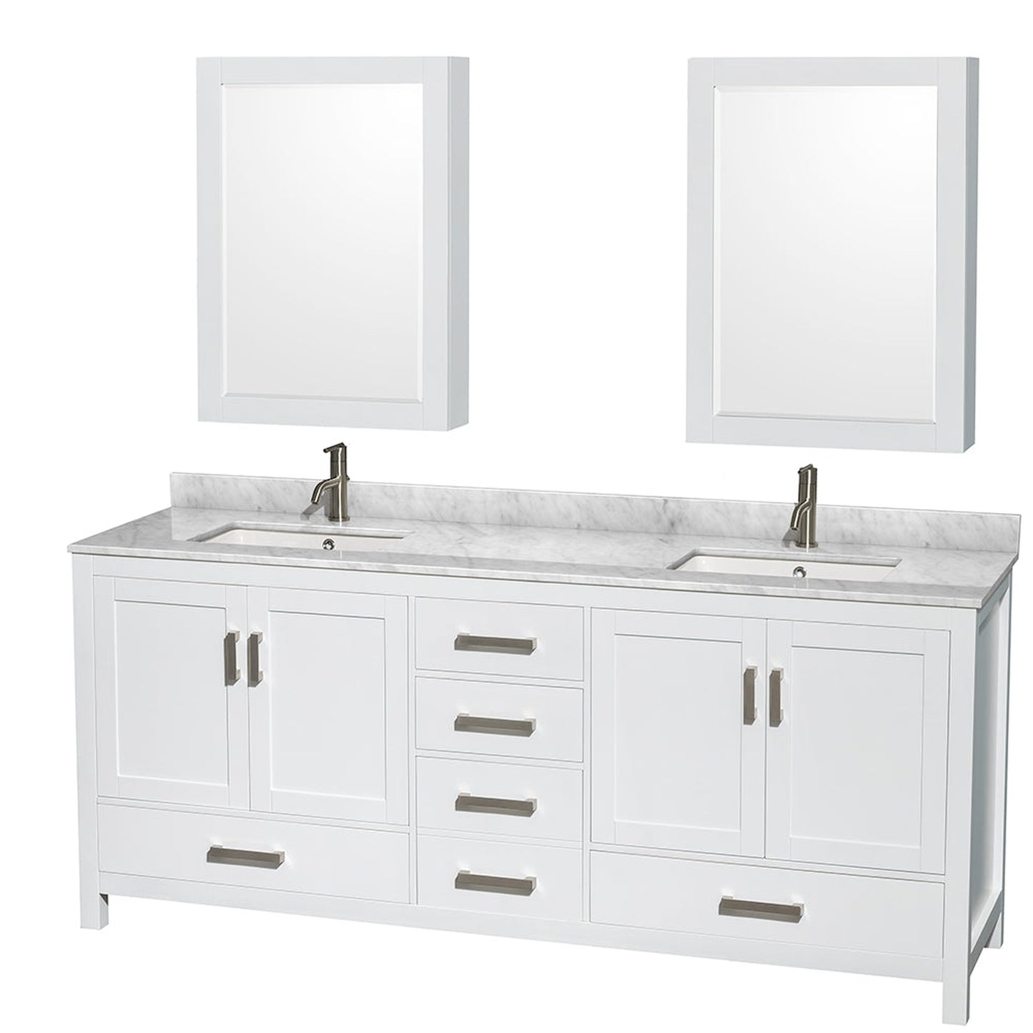 Wyndham Collection Sheffield 80" Double Bathroom Vanity in White, White Carrara Marble Countertop, Undermount Square Sinks, and Medicine Cabinet