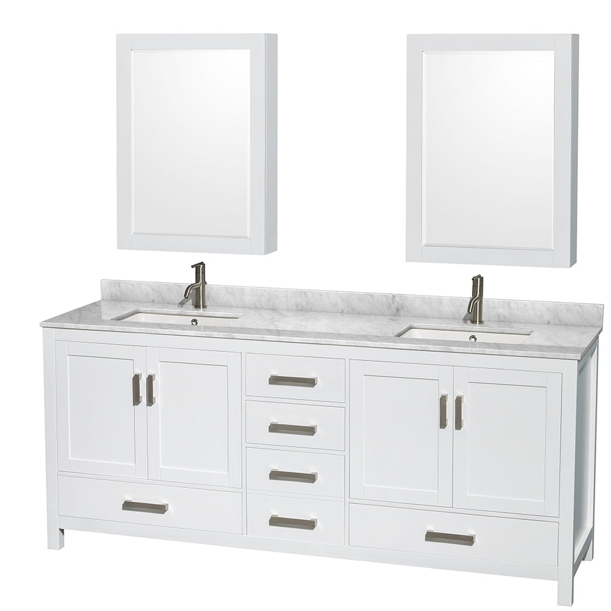 Wyndham Collection Sheffield 80" Double Bathroom Vanity in White, White Carrara Marble Countertop, Undermount Square Sinks, and Medicine Cabinet