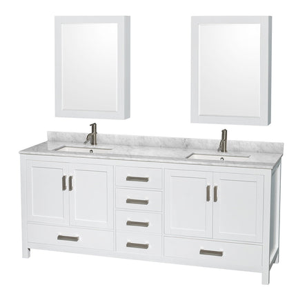 Wyndham Collection Sheffield 80" Double Bathroom Vanity in White, White Carrara Marble Countertop, Undermount Square Sinks, and Medicine Cabinet