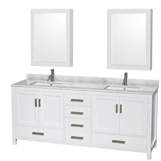 Wyndham Collection Sheffield 80" Double Bathroom Vanity in White, White Carrara Marble Countertop, Undermount Square Sinks, and Medicine Cabinet