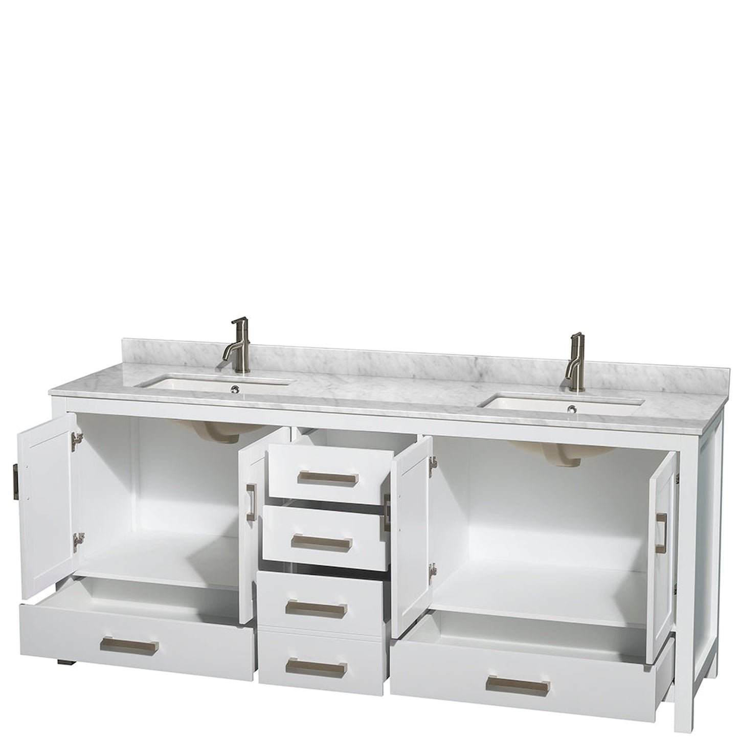 Wyndham Collection Sheffield 80" Double Bathroom Vanity in White, White Carrara Marble Countertop, Undermount Square Sinks, and No Mirror