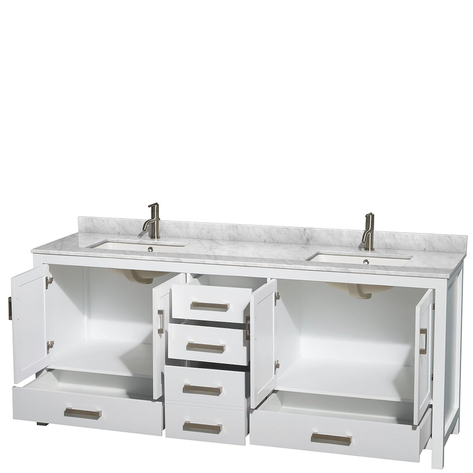 Wyndham Collection Sheffield 80" Double Bathroom Vanity in White, White Carrara Marble Countertop, Undermount Square Sinks, and No Mirror