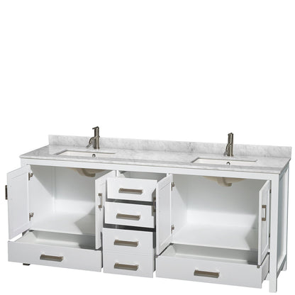 Wyndham Collection Sheffield 80" Double Bathroom Vanity in White, White Carrara Marble Countertop, Undermount Square Sinks, and No Mirror