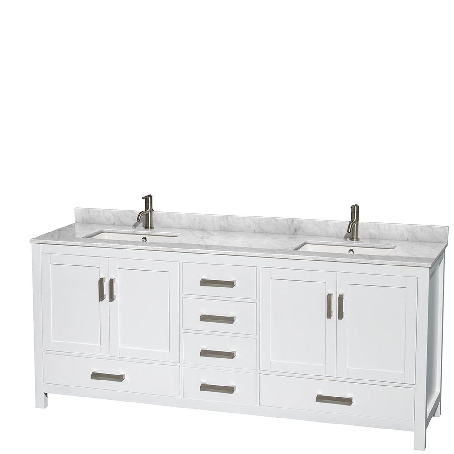Wyndham Collection Sheffield 80" Double Bathroom Vanity in White, White Carrara Marble Countertop, Undermount Square Sinks, and No Mirror