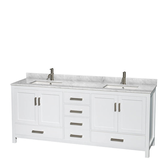 Wyndham Collection Sheffield 80" Double Bathroom Vanity in White, White Carrara Marble Countertop, Undermount Square Sinks, and No Mirror
