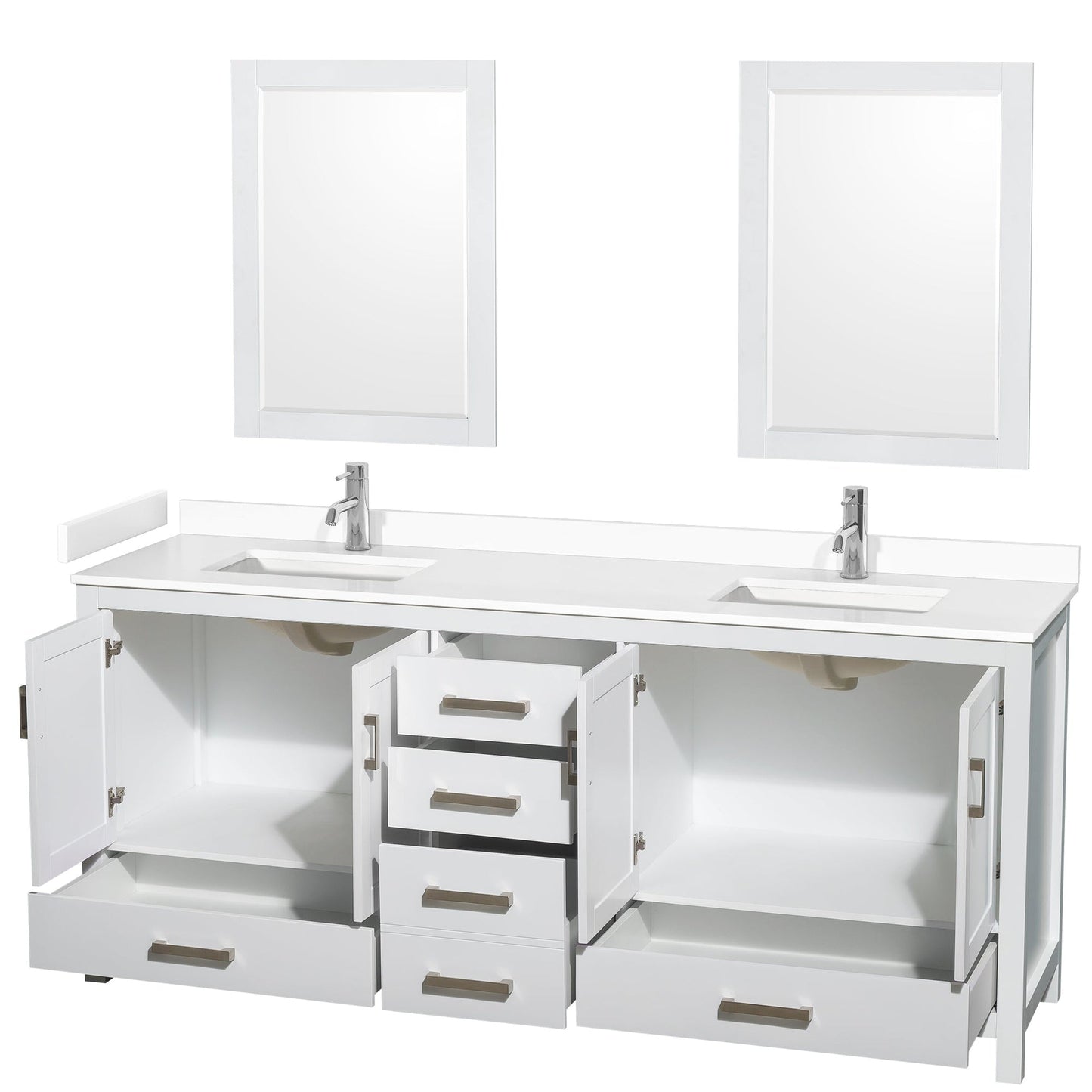 Wyndham Collection Sheffield 80" Double Bathroom Vanity in White, White Cultured Marble Countertop, Undermount Square Sinks, 24" Mirror