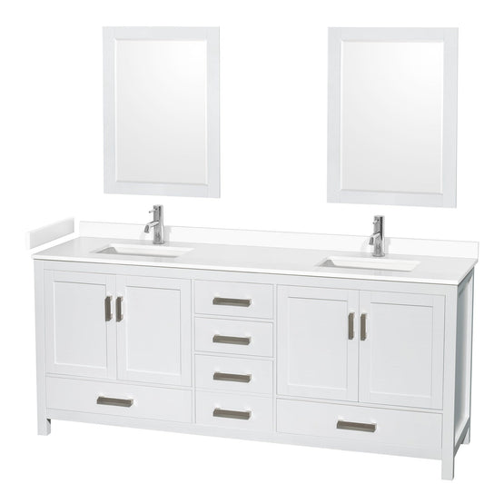 Wyndham Collection Sheffield 80" Double Bathroom Vanity in White, White Cultured Marble Countertop, Undermount Square Sinks, 24" Mirror