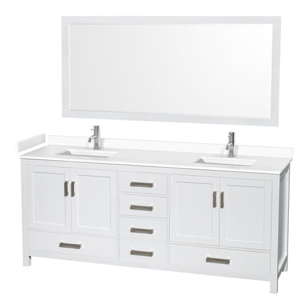 Wyndham Collection Sheffield 80" Double Bathroom Vanity in White, White Cultured Marble Countertop, Undermount Square Sinks, 70" Mirror