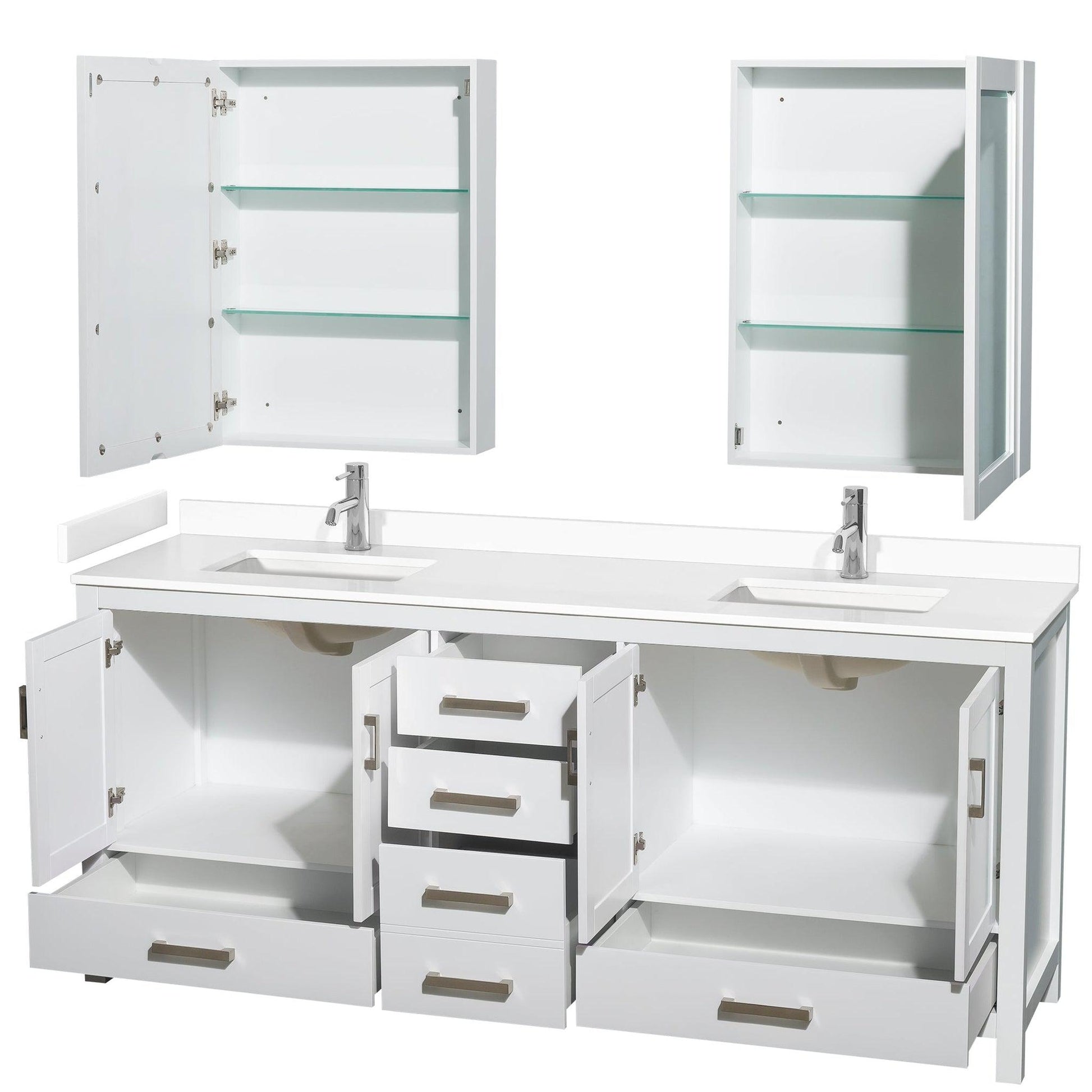 Wyndham Collection Sheffield 80" Double Bathroom Vanity in White, White Cultured Marble Countertop, Undermount Square Sinks, Medicine Cabinet