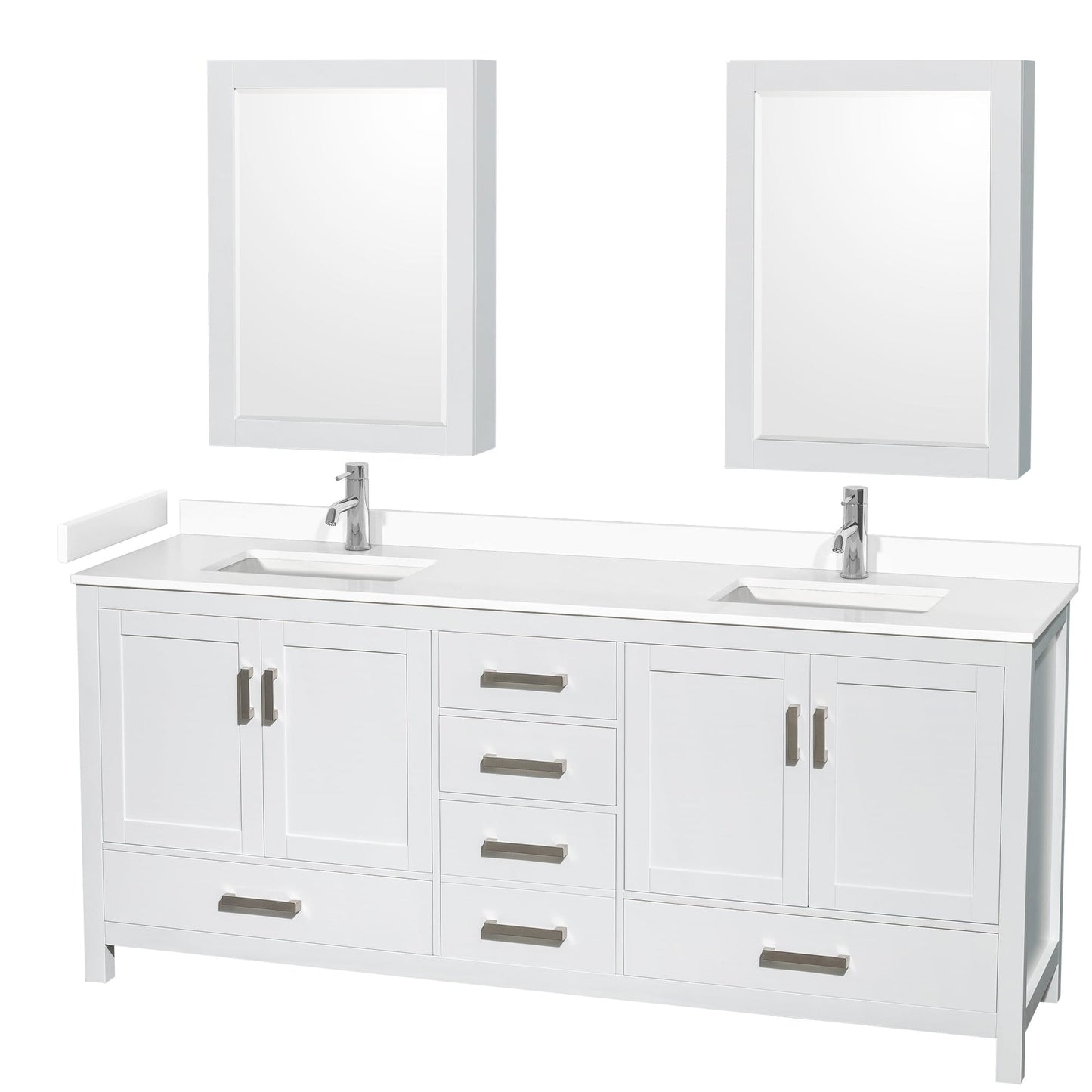 Wyndham Collection Sheffield 80" Double Bathroom Vanity in White, White Cultured Marble Countertop, Undermount Square Sinks, Medicine Cabinet