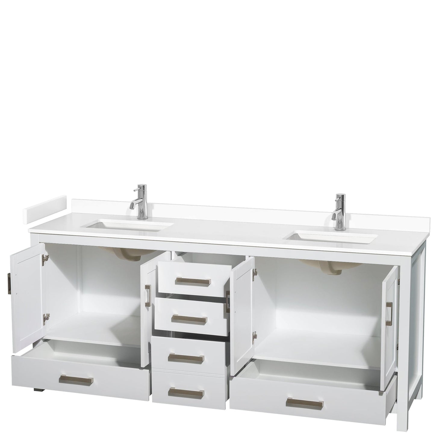 Wyndham Collection Sheffield 80" Double Bathroom Vanity in White, White Cultured Marble Countertop, Undermount Square Sinks, No Mirror