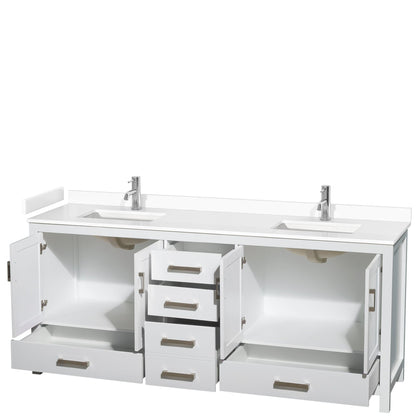 Wyndham Collection Sheffield 80" Double Bathroom Vanity in White, White Cultured Marble Countertop, Undermount Square Sinks, No Mirror