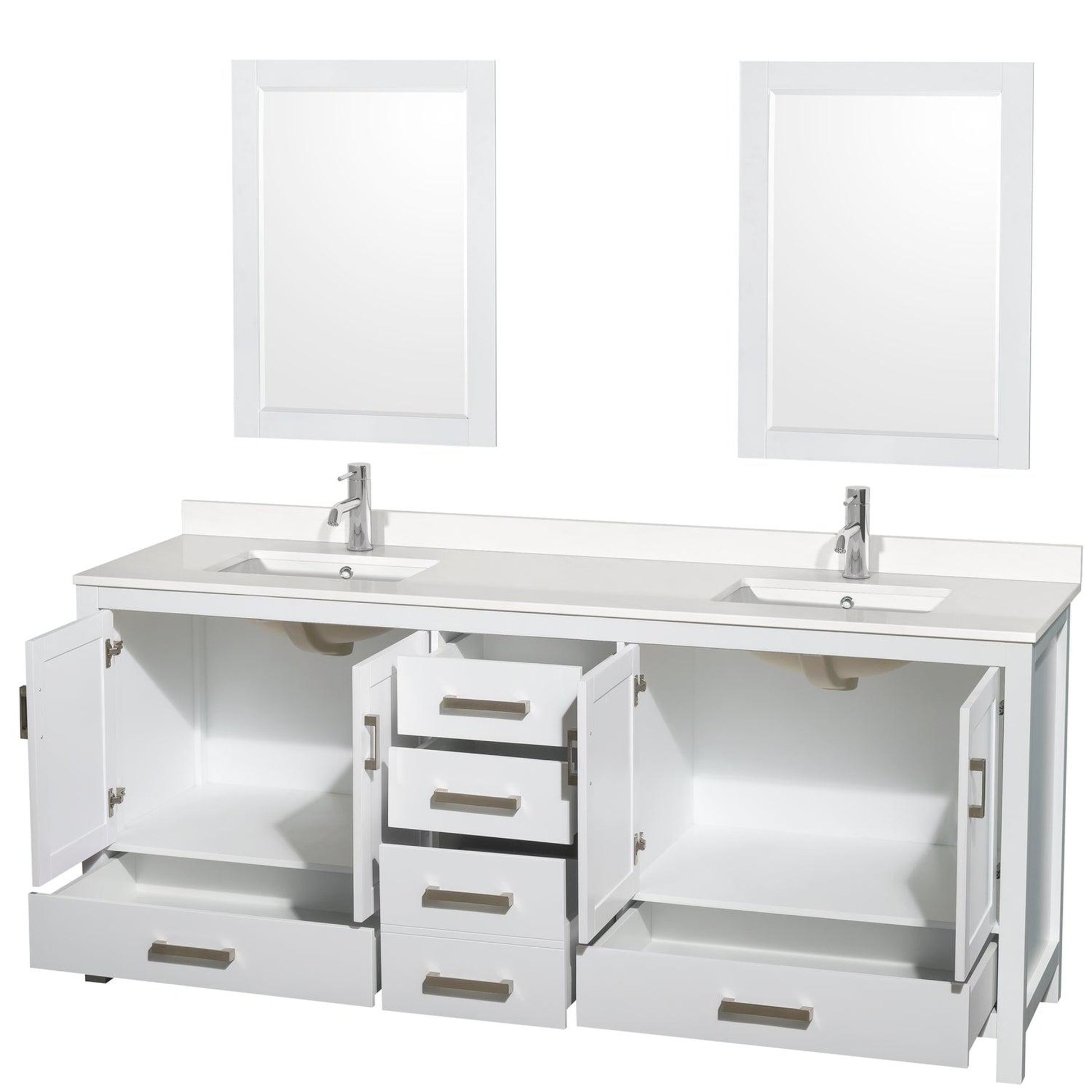 Wyndham Collection Sheffield 80" Double Bathroom Vanity in White, White Quartz Countertop, Undermount Square Sinks, 24" Mirror