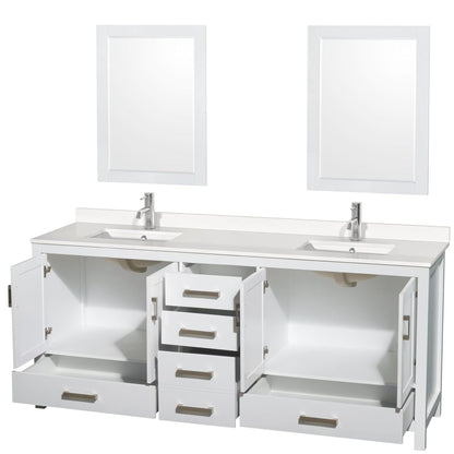 Wyndham Collection Sheffield 80" Double Bathroom Vanity in White, White Quartz Countertop, Undermount Square Sinks, 24" Mirror