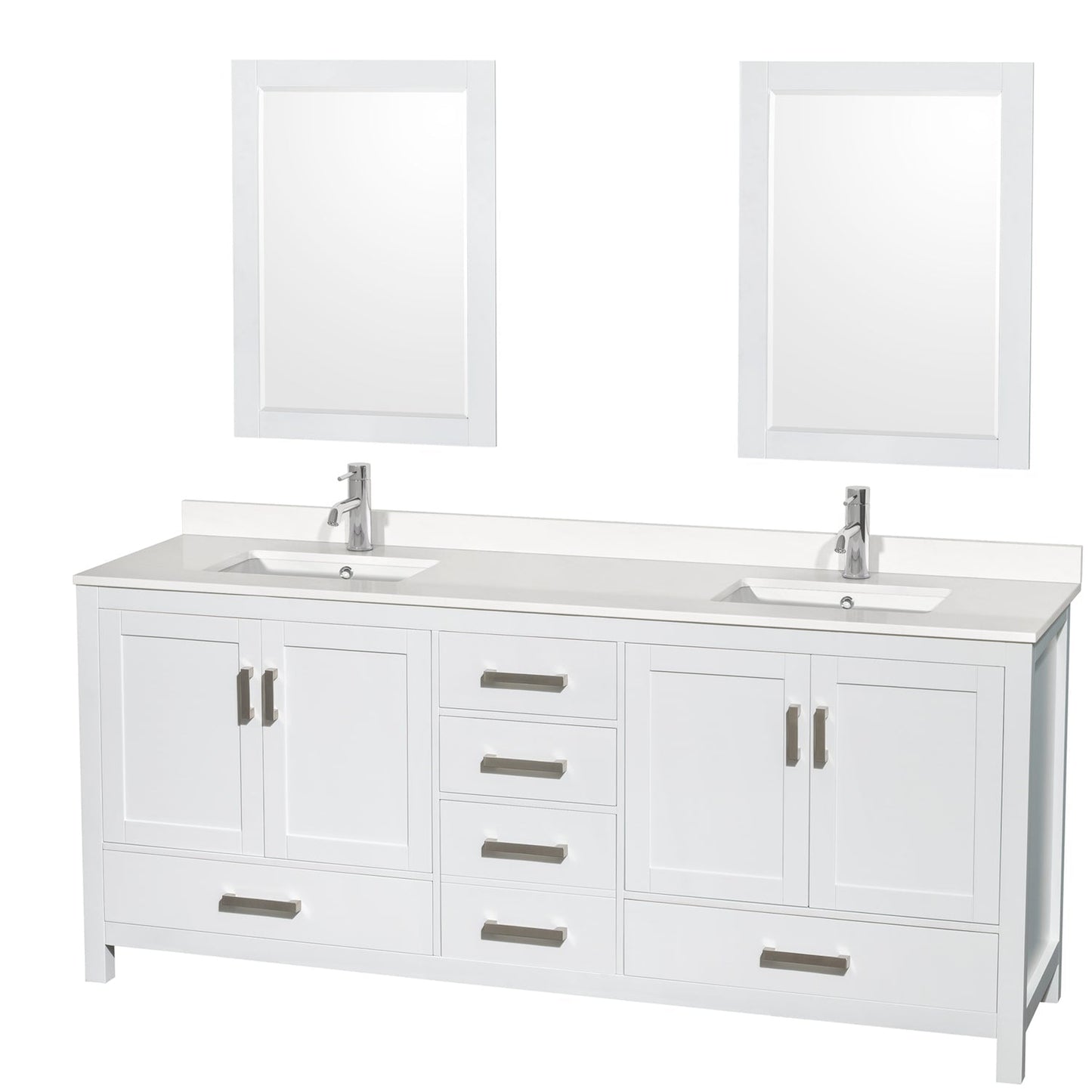 Wyndham Collection Sheffield 80" Double Bathroom Vanity in White, White Quartz Countertop, Undermount Square Sinks, 24" Mirror