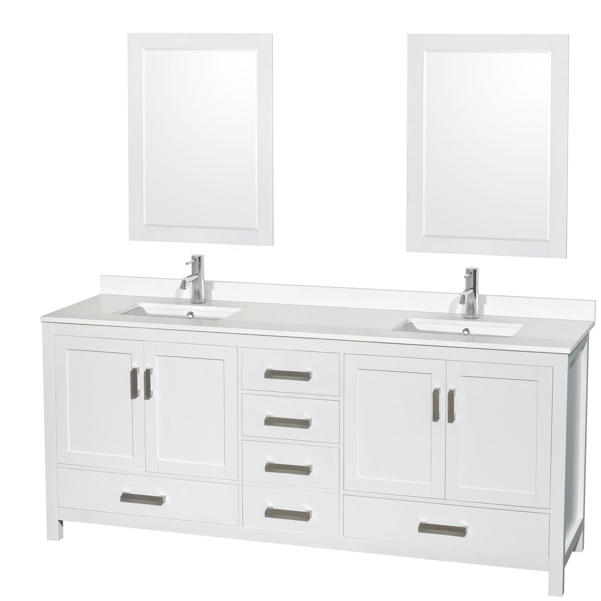 Wyndham Collection Sheffield 80" Double Bathroom Vanity in White, White Quartz Countertop, Undermount Square Sinks, 24" Mirror