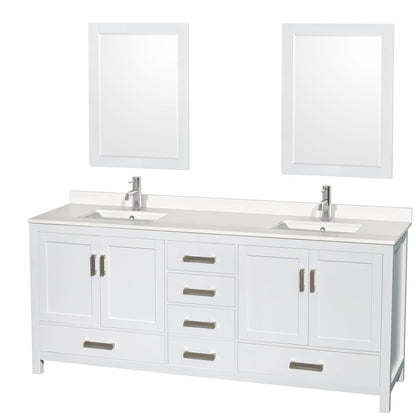 Wyndham Collection Sheffield 80" Double Bathroom Vanity in White, White Quartz Countertop, Undermount Square Sinks, 24" Mirror