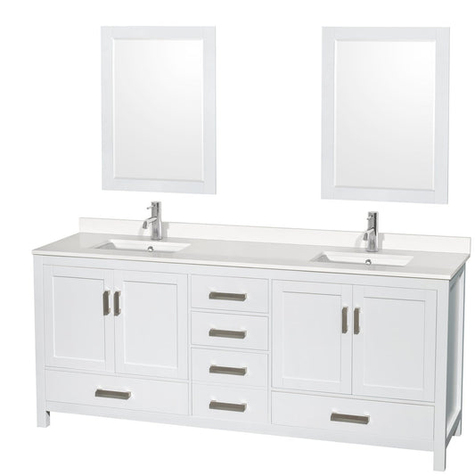 Wyndham Collection Sheffield 80" Double Bathroom Vanity in White, White Quartz Countertop, Undermount Square Sinks, 24" Mirror