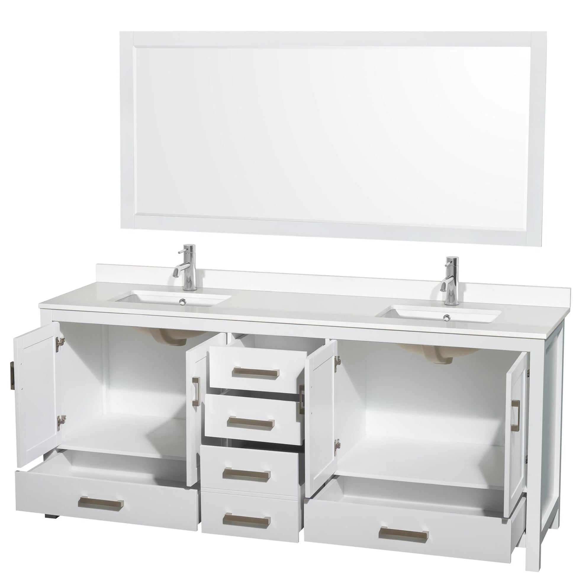 Wyndham Collection Sheffield 80" Double Bathroom Vanity in White, White Quartz Countertop, Undermount Square Sinks, 70" Mirror