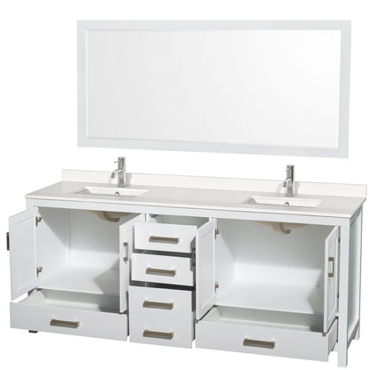 Wyndham Collection Sheffield 80" Double Bathroom Vanity in White, White Quartz Countertop, Undermount Square Sinks, 70" Mirror