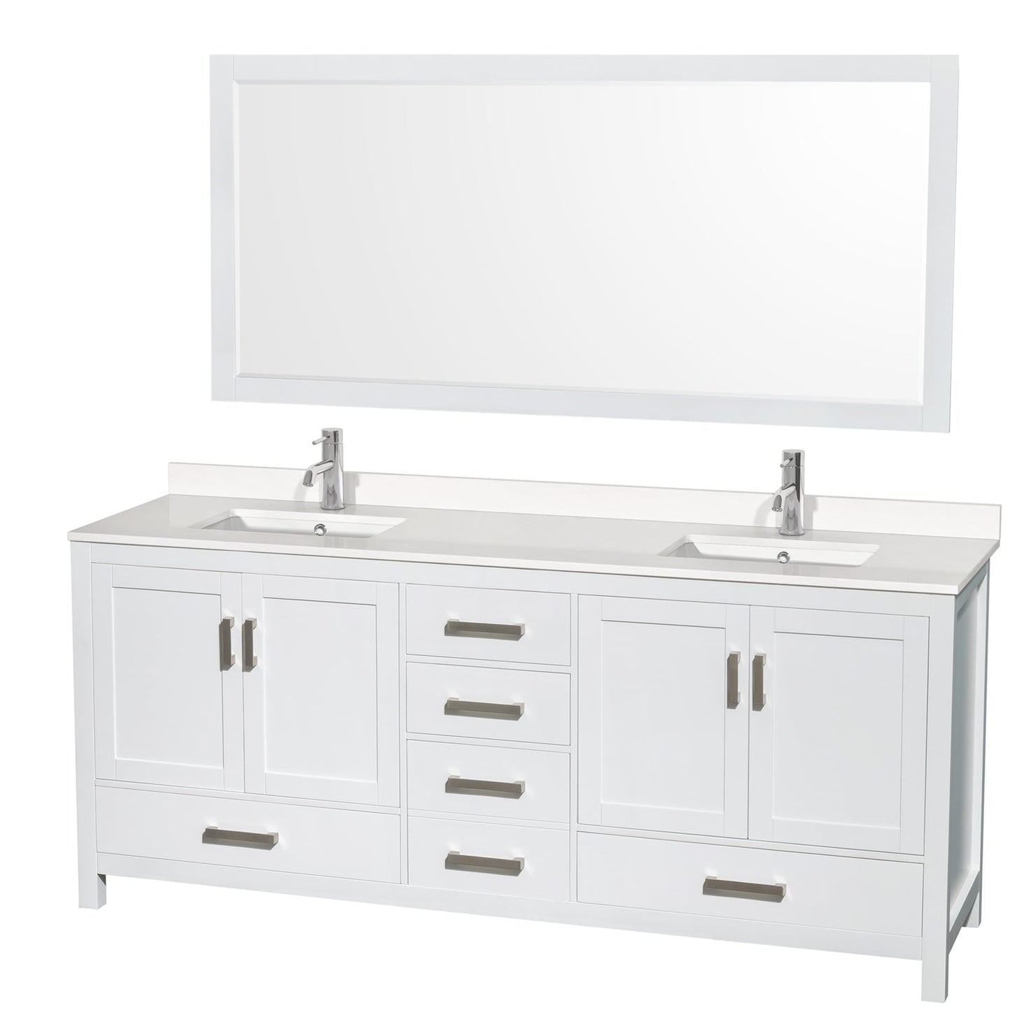 Wyndham Collection Sheffield 80" Double Bathroom Vanity in White, White Quartz Countertop, Undermount Square Sinks, 70" Mirror